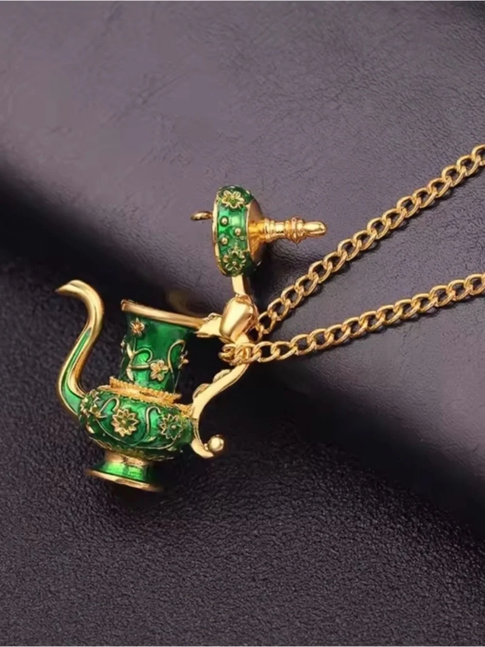 Vintage Green Teapot - Gold Enamel Long Chain Beautiful Necklace